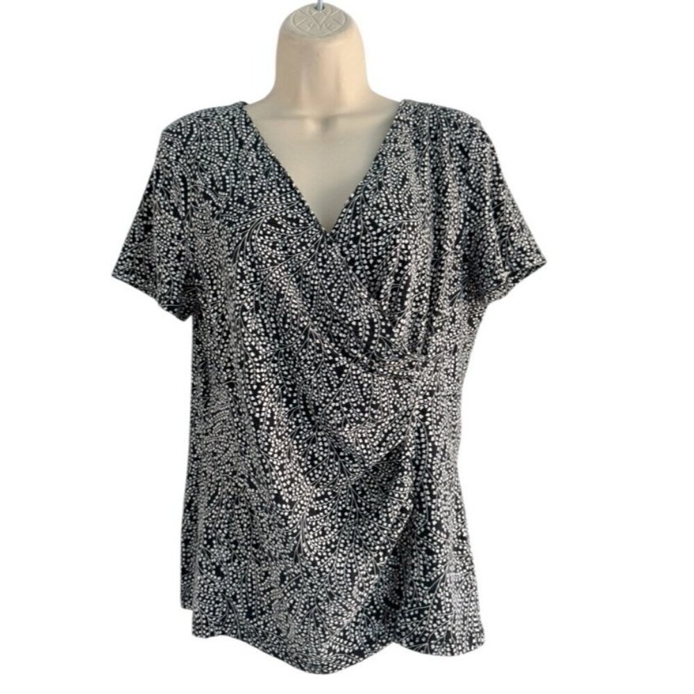 Talbots Woman's Sz M Black and White Tiny Leaves Print Faux Wrap Blouse Top